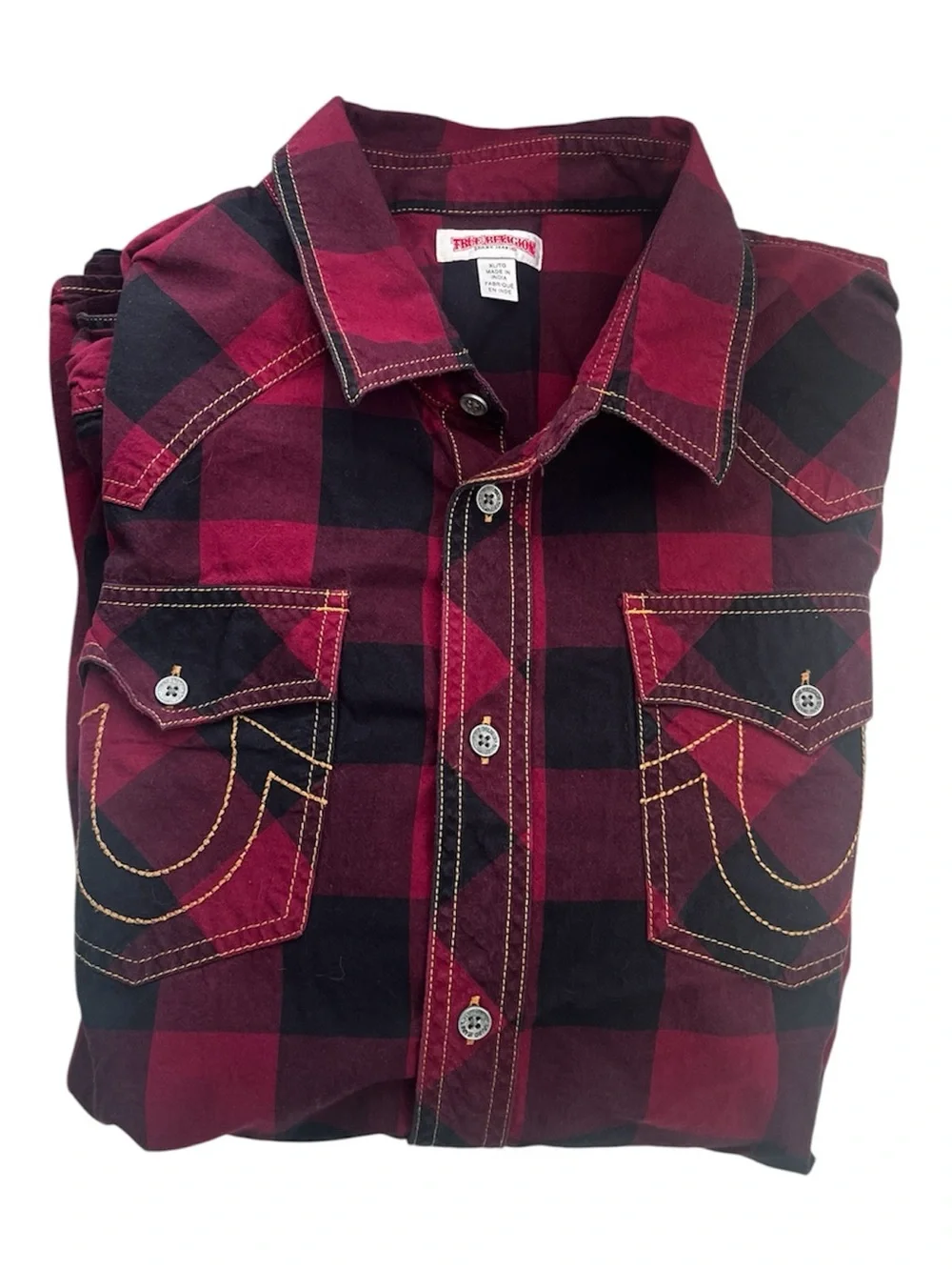 True Religion Men's Plaid Western Button Up Shirt -Red/Black Sz XL